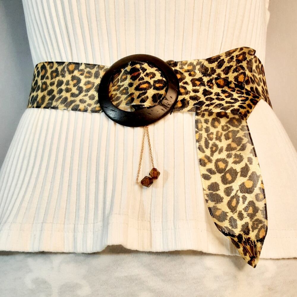 💎Handmade Sheer Leopard Print Ribbon Belt CoconutBuckle Chain Bead Embellishment